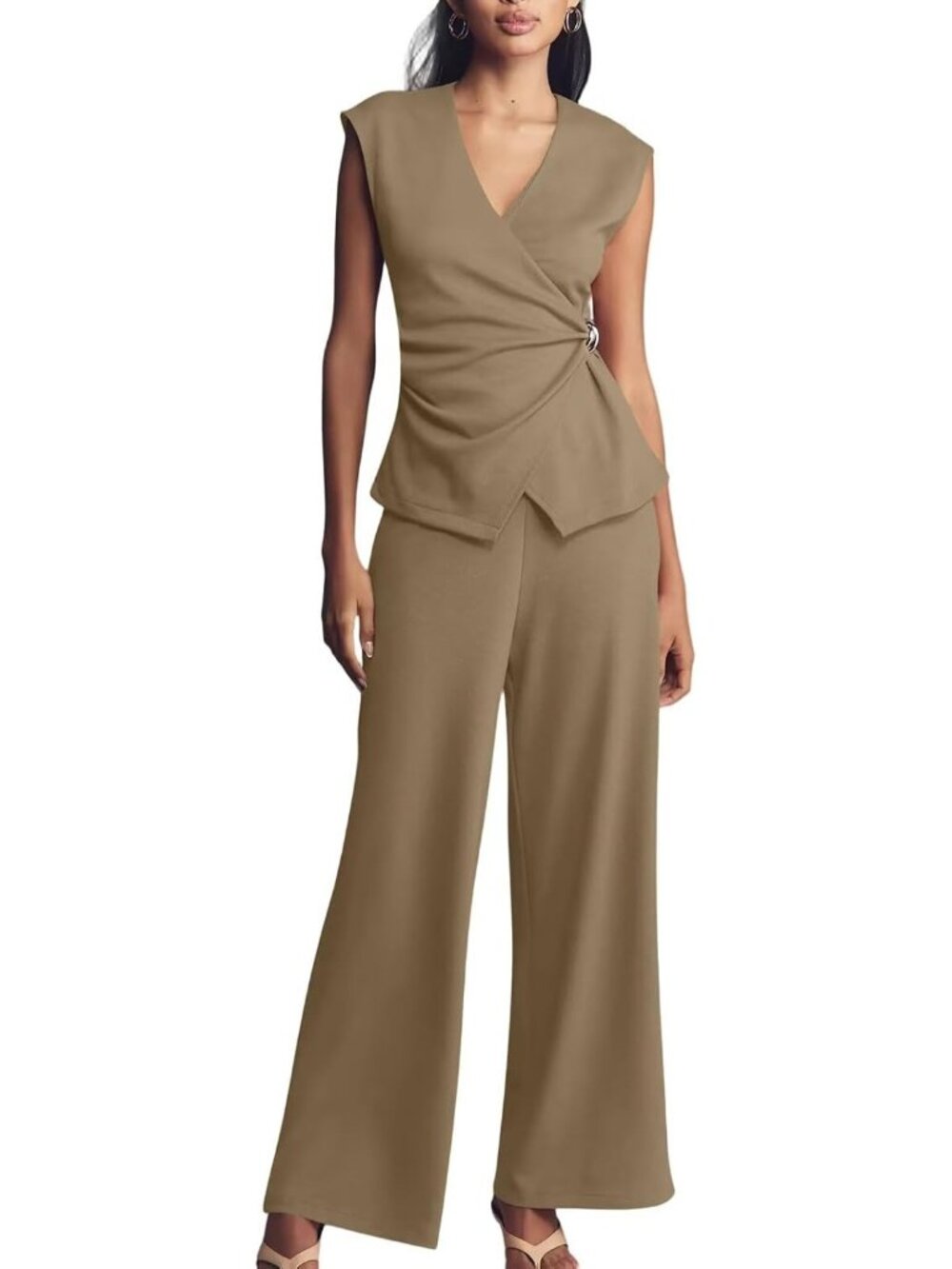 Women's 2 Piece Deep V Neck Sleeveless Short Top Brown Wide Leg Pants Lounge Set